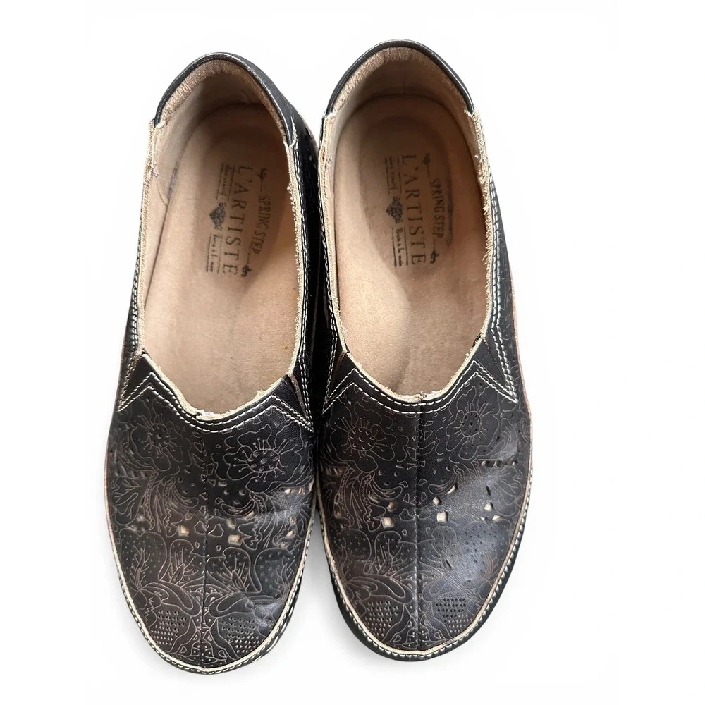 Spring Step L'Artiste Loafers Women 39 Black Excellent Floral Laser Cut Leather